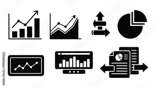 A collection of icons representing various aspects of data analysis and reporting isolated on white background, Vector