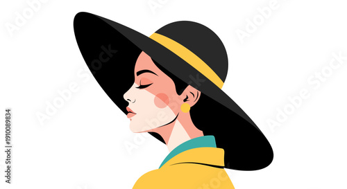 A stylish and elegant woman in a chic wide-brimmed black hat with a yellow accent band, captured in a minimalistic vector illustration portrait, epitomizing modern fashion and sophisticated grace
