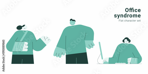 Office syndrome character set with people experiencing pain and injury from computer work. Flat design vector collection for workplace health, ergonomics and wellness concepts.