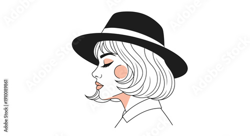 Minimalist black and white illustration of a woman wearing a fedora hat, with subtle blush on her cheeks