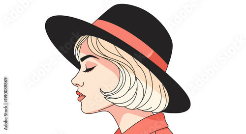 Elegant profile of a stylish woman wearing a chic wide-brimmed black hat with a red ribbon, conveying serene contemplation and feminine grace in a vibrant modern illustration