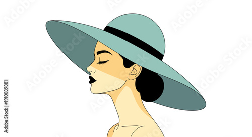 Fashionable woman in a wide-brimmed hat, exuding elegance and timeless style, perfect for summer aesthetics and beauty campaigns