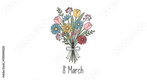 A beautiful bouquet of colorful flowers tied with a ribbon, celebrating International Women's Day on March 8th