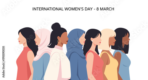 Diverse group of women from various cultures celebrating unity and strength on a significant day for female empowerment and solidarity, showcasing global sisterhood