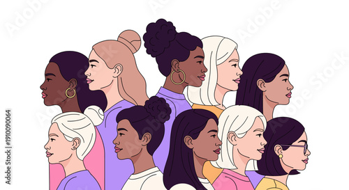 Diverse women diverse skin tones diverse hair styles facing forwards female empowerment unity strength community solidarity sisterhood