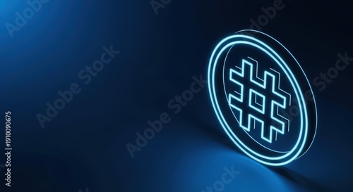 Glowing Neon Hashtag Icon on a Dark Blue Background, Representing Social Media and Online Trends