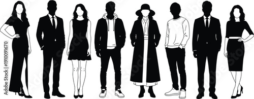 Black and white diverse people silhouettes standing group set including businessmen in suits women in dresses and casual urban outfits.