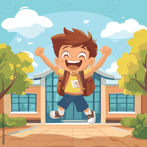 Excited Young Student Jumping for Joy on a Sunny Day Outside School Entrance , vector style simple color