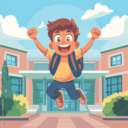 Excited Young Student Jumping for Joy on a Sunny Day Outside School Entrance , vector style simple color
