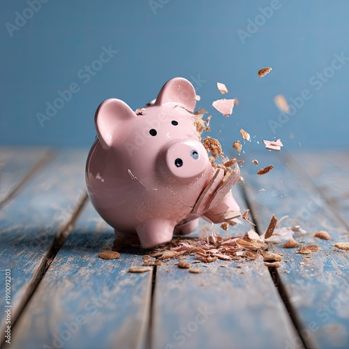 Pink Piggy Bank Breaking with Falling Shards on Rustic Wooden Surface