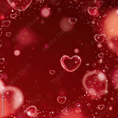Red Heart Bubbles Floating in Romantic Atmosphere with Soft Glow