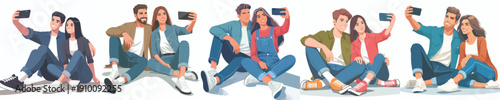vector couple sitting on floor happily taking selfie together