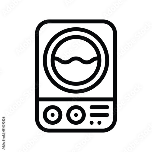 A minimalist black and white line drawing of a washing machine, featuring a circular drum and control panel. Fashion and Taylor things single line icon UI design.