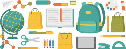 Back to school education set with backpack globe textbook tablet and school supplies in flat vector style,