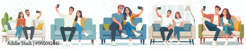 vector couple sitting on sofa happily taking selfie together