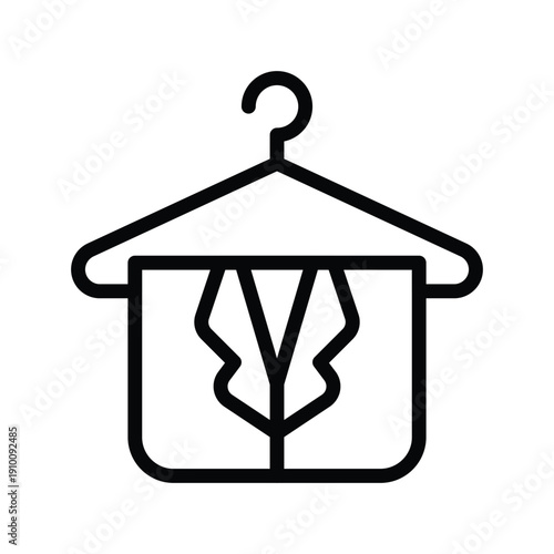 A simple black and white line drawing of a folded shirt on a hanger, representing laundry or clothing care. Fashion and Taylor things single line icon UI design.