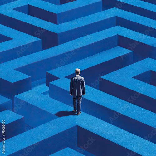 Businessman Walking Through Bright Blue Maze with High Walls in Modern Geometric Design
