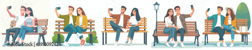 vector couple sitting on park bench happily taking selfie together