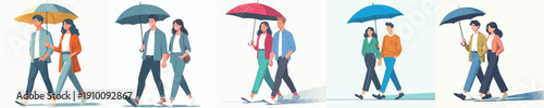 vector couple walking with umbrella together
