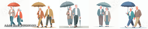 vector old couple walking with umbrella together