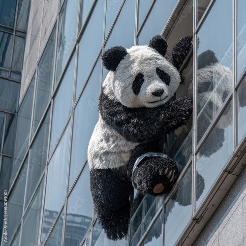Giant Panda Mascot Climbing Glass Building with Reflective Windows in Urban Environment