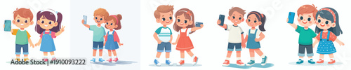 vector two children standing happily taking selfie together