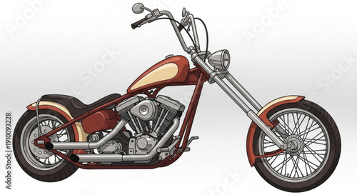 Custom chopper motorcycle with long front fork and chrome accents on white background