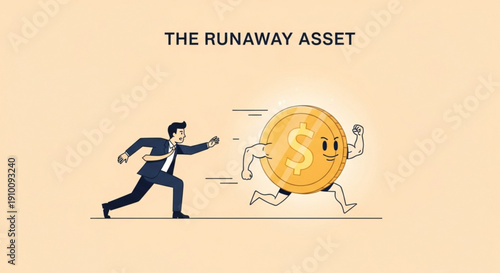 Businessman chasing a runaway dollar coin with legs on a beige background