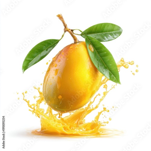 Fresh Yellow Mango with Green Leaves Splashing in Juicy Liquid on White Background