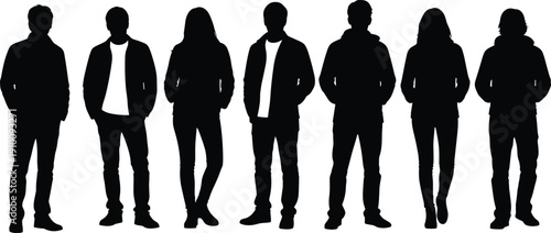 Silhouette group of diverse young people standing together in casual clothing isolated on white background for lifestyle and community concepts