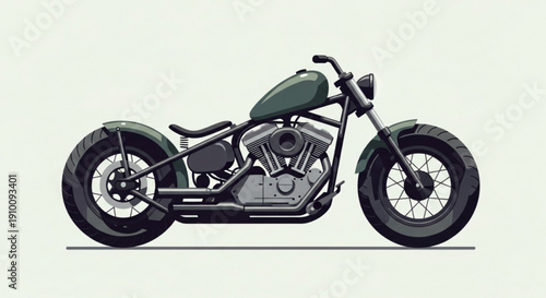 Custom motorcycle with sleek design and green tank on pale background