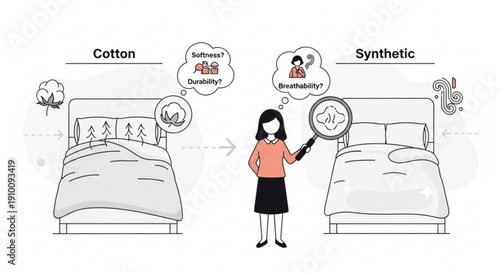 Woman compares cotton and synthetic bedding for softness and sustainability