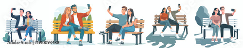 vector couple sitting on park bench happily taking selfie together