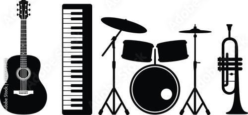 Black Musical Instrument Silhouette Set Featuring Acoustic Guitar Piano Keyboard Drum Kit and Trumpet Icons for Live Music Band Performance Graphics
