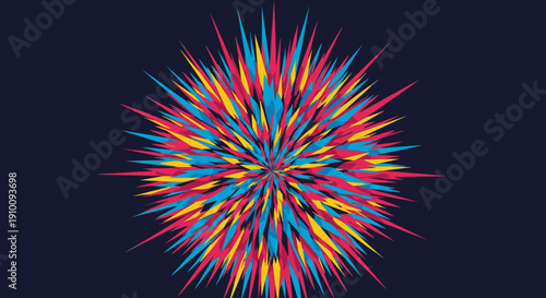A vibrant abstract explosion of red, yellow, and blue lines radiating outwards from a central point, creating a dynamic graphic design element against a dark backdrop.