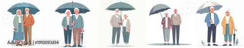 vector old couple standing with umbrella together