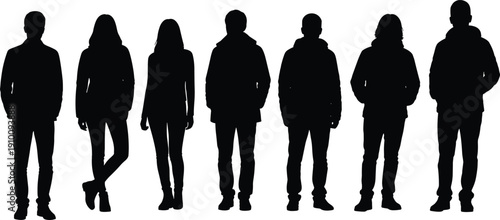 Silhouette of a diverse group of people standing in a row on a white background for community and teamwork concepts