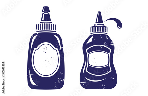 Grunge texture Illustration of two squeeze bottles with labels and caps on white background  kitchen condiment containers Vintage Style