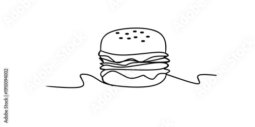 Single line drawing of a hamburger food illustration. Continuous one line drawing of burger. Single line drawing of hamburger . Silhouette of fast food restaurant burger with cheese, cutlet and salad.