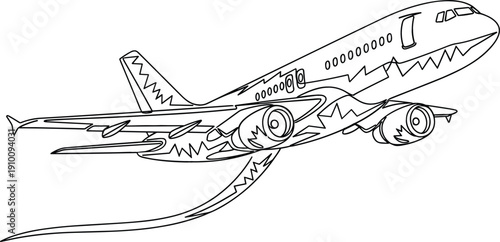 Minimalist continuous one line drawing of a commercial passenger airplane flying in the sky for aviation concept.