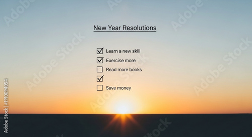 New year resolutions checklist at sunset with motivational goals