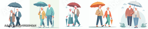 vector old couple walking with umbrella together