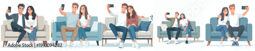 vector couple sitting on sofa happily taking selfie together