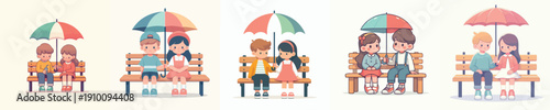 vector two children sitting on park bench with umbrella