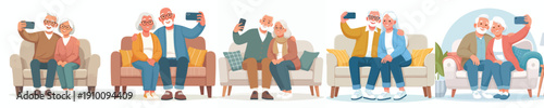 vector old couple sitting on sofa happily taking selfie together