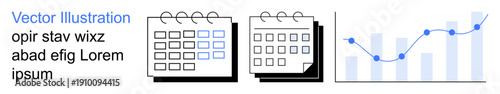 Time management, data tracking, business planning, analytics, scheduling, productivity. Set of calendar icons and a line chart. Time management and data tracking visualization concept