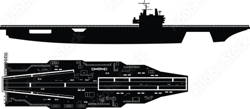 Black silhouette of a modern aircraft carrier warship from side and top view isolated on white for military naval design