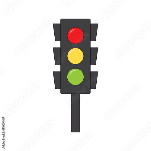 Vector illustration of traffic lights with red, yellow, and green signals in multiple variations. Simple flat design of stoplight icons for transport, road safety, driving. 
