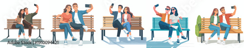 vector couple sitting on park bench happily taking selfie together
