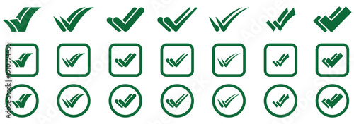 Check box icon with correct, accept checkmark icons green tick box, check list circle frame. Checkbox symbol sign. check mark box square frame. Green check mark icon in a box. Correct vote choice. 